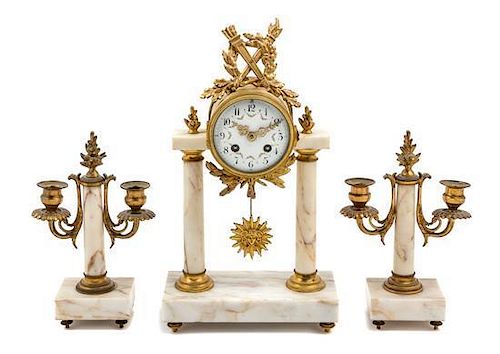 An Empire Style Gilt Bronze Mounted Marble Clock Garniture Height of clock 15 inches.