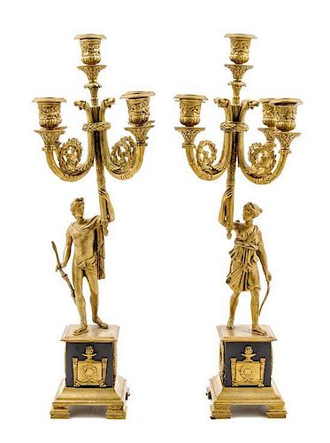 A Pair of Empire Style Gilt and Patinated Bronze Five-Light Candelabra Height 14 1/8 inches.