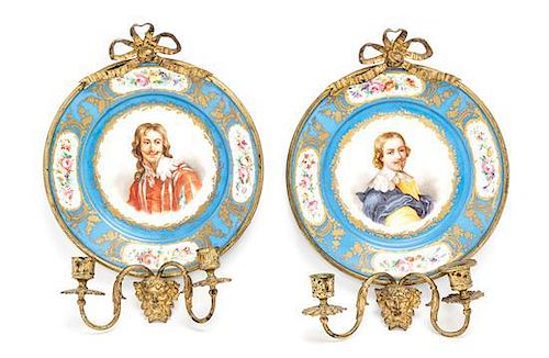 A Pair of Gilt Bronze Mounted Sevres Style Porcelain Sconces Height of taller 13 7/8 inches.