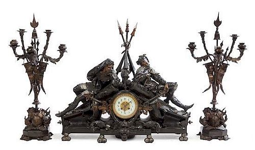 A French Cast Metal Figural Clock Garniture Width 28 1/2 inches.