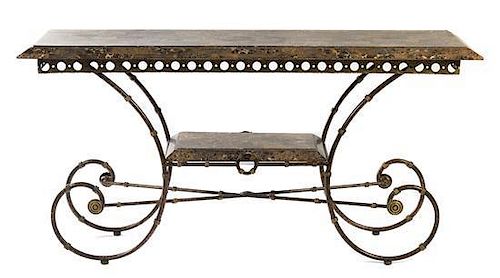 * A French Iron and Marble Baker's Table Height 31 x width 62 x depth 20 inches.