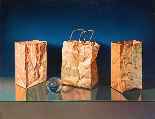 Gustavo Schmidt, Tres Bolsas y Esfera de cristal, Oil on Canvas