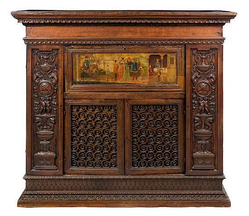 * A Continental Marquetry and Painted Cupboard Height 52 3/4 x width 60 1/2 x depth 18 inches.