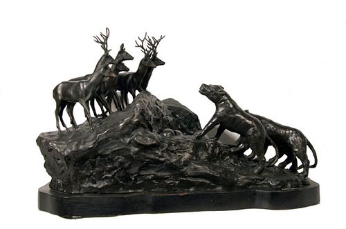A. Ganso, Lions and Deer, Bronze Sculpture