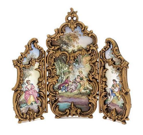 An Austrian Enameled Gilt Metal Three-Panel Table Screen Height 5 3/4 inches overall.