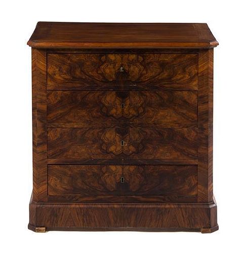 A Biedermeier Style Bookmatch Veneered Chest of Drawers Height 31 3/4 x width 31 x depth 19 1/4 inches.