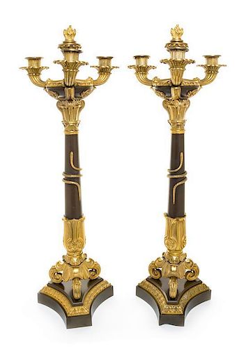 A Pair of Neoclassical Gilt Bronze Four-Light Candelabra Height 26 1/2 inches.