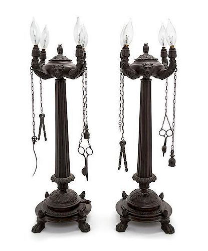 A Pair of Neoclassical Bronze Table Lamps Height 21 1/2 inches.