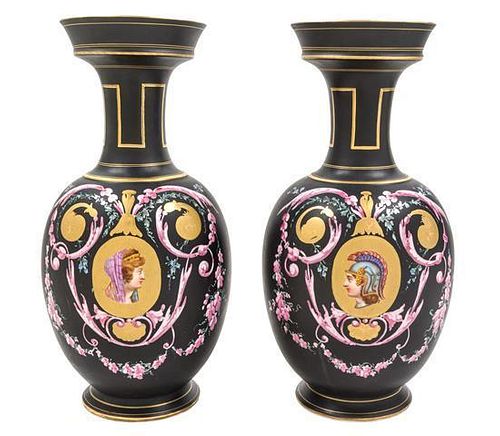 A Pair of Continental Painted Porcelain Vases Height of each 16 1/2 inches.