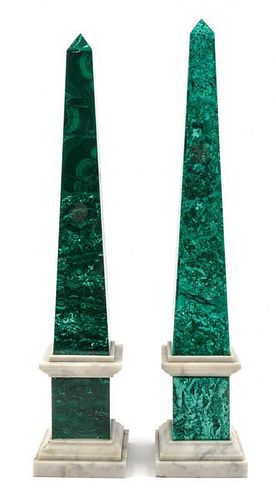 A Pair of Malachite and Marble Obelisks Height of each 21 3/4 inches.