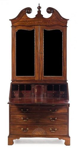 * A George III Mahogany, Oak and Marquetry Secretary Bookcase Height 99 1/2 x width 40 1/2 x depth 22 inches.