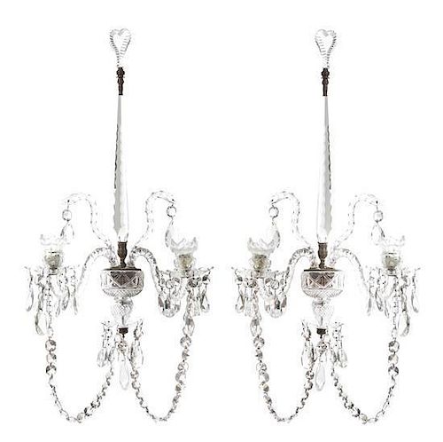 A Pair of George III Cut Glass Two-Light Sconces Height 27 inches.
