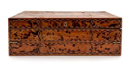 A Tortoise Shell and Parquetry Decorated Writing Slope Height 5 x width 14 3/4 x depth 8 3/4 inches.