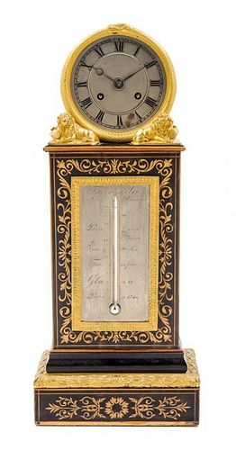 A Regency Gilt Bronze Mounted Marquetry Clock and Barometer Height 17 1/2 x width 7 1/4 x depth 4 1/4 inches.