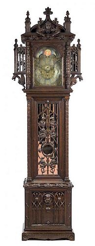 An English Gothic Revival Tall Case Clock Height 107 3/4 x width 34 1/8 x depth 17 1/2 inches.