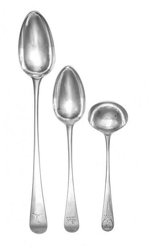 Three George III Silver Serving Spoons, Hester Bateman, London, 1783-1791, comprising a sauce ladle and two serving spoons.