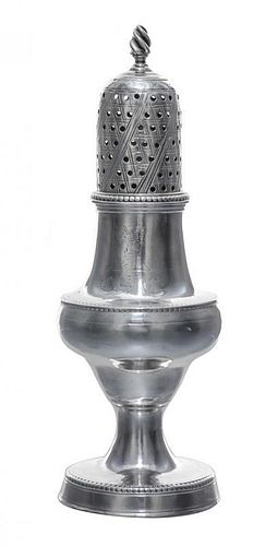 A George III Silver Caster, Hester Bateman, London, 1783, having a spiral twist finial and beaded edges.