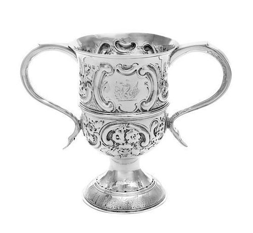 A George III Silver Loving Cup, Hester Bateman, London, 1789, worked in repousse to show C-scrolls and floral blossoms, raised o
