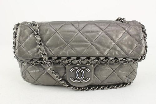 CHANEL GREY QUILTED LEATHER CHAIN AROUND FLAP BAG