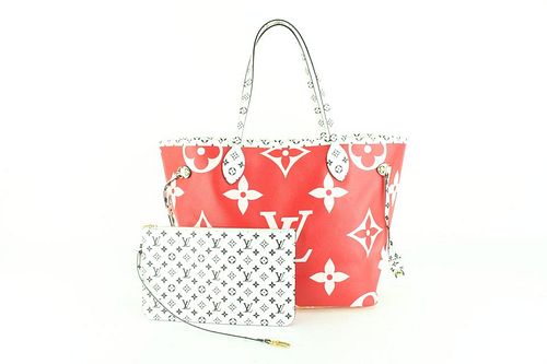 LOUIS VUITTON LIMITED RED X PINK MONOGRAM GIANT NEVERFULL MM TOTE WITH POUCH