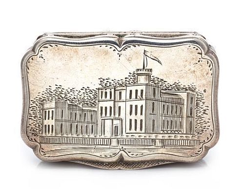 A Victorian Silver Vinaigrette, George Unite, Birmingham, 1845, the lid decorated with a barracks building.