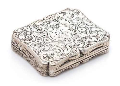 A Victorian Silver Vinaigrette, Edward Smith, Birmingham, 1844, the lid decorated with a pastoral scene, the case with floral an