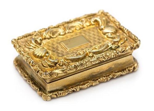 A William IV Silver-Gilt Vinaigrette, Maker's Mark E (pellet) J, Birmingham, the lid decorated with rocaille and C-scroll motifs