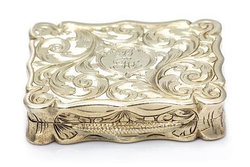 A Victorian Silver-Gilt Vinaigrette, Edward Smith, Birmingham, 1847, the lid decorated with a river scene, the underside centere