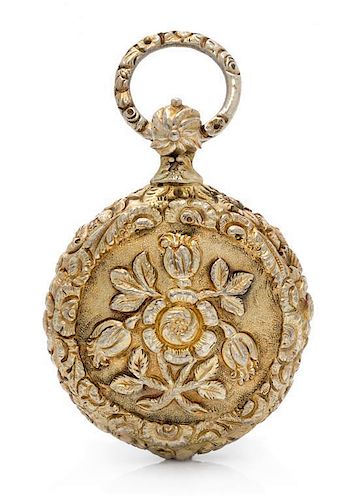An English Silver-Gilt Vinaigrette, Maker's Mark JW, the case in the form of a pocket watch and decorated with floral sprays and