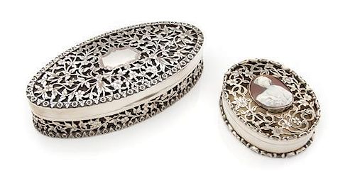 Two English Silver Reticulated Boxes, Early 20th Century, comprising a cameo mounted box and a silk-lined box.