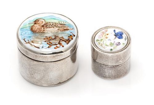 Two English Silver and Enamel Pill Boxes, Maker's Mark CNB, London, 1982 and 1985, one having a lid decorated with a butterfly a