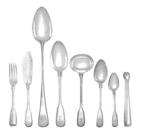 An Assembled Georgian Silver Flatware Service, William Ely & William Fearn, John Wren, Solomon Hougham and others, Fiddle and Th