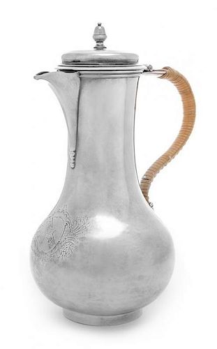 A George II Silver Coffee Pot, Ayme Videau, London, 1757, of baluster form with a raffia-wrapped handle, engraved on the body wi
