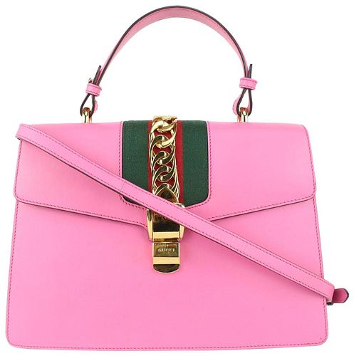 GUCCI MAXI LARGE PINK LEATHER SYLVIE WEB FLAP TOP HANDLE CROSSBODY