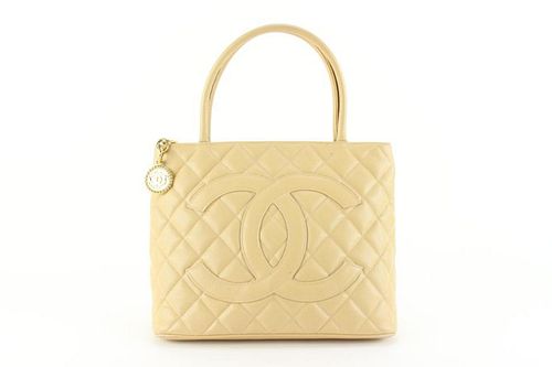 CHANEL QUILTED BEIGE CAVIAR LEATHER MEDALLION TOTE BAG