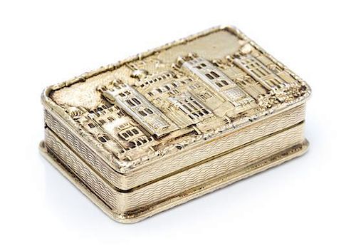 An English Silver-Gilt Pill Box, S. J. Rose & Son, London, 1967, the lid worked to depict Hampton Court.