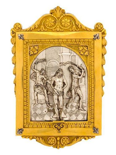 An Italian Silver and Gilt Copper Relief Plaque, Paolo Spagna, Rome, 18th century, depicting the Flagellation of Christ, after t
