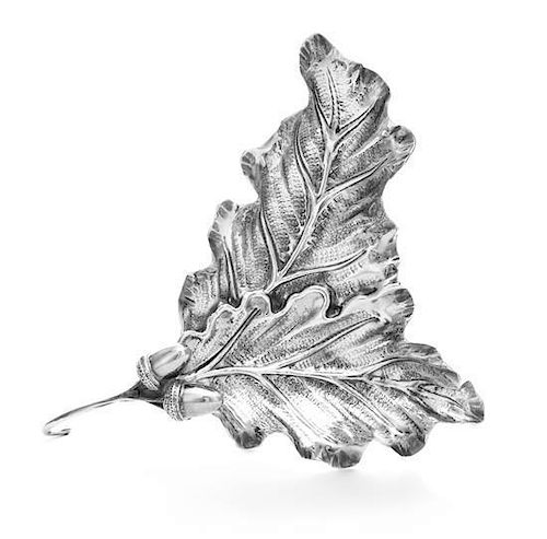 An Italian Silver Dish, Renato Raddi, Florence, 20th Century, in the form of a leaf with acorns.