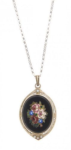 A Continental Pietra Dura and Pearl Locket Length of pendant 1 3/8 inches.