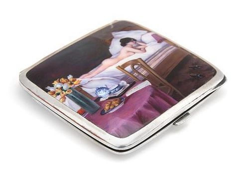 A Continental Enameled Silver-Plate Cigarette Case, , the cover depicting a nude reading a book in bed.