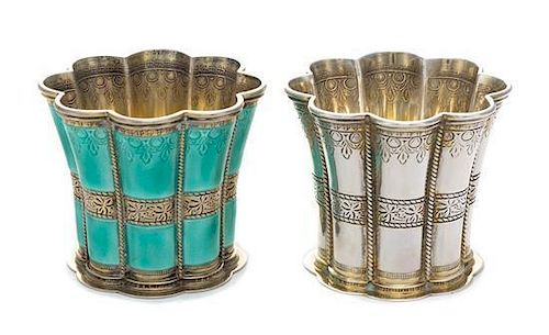 A Pair of Danish Silver Margrethe Cups, Anton Michelsen, Copenhagen, 20th Century, each with lobed sides, one having green ename