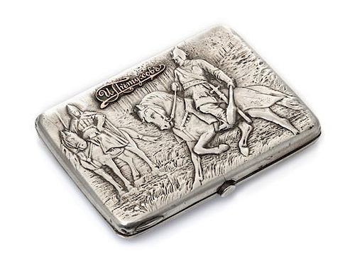 A Russian Silver Cigarette Case, Mark of Pyotr Petrov, Moscow, Early 20th Century, the lid worked to show two warriors on horseb