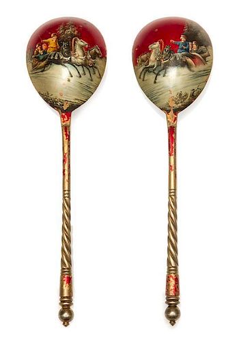 * A Pair of Russian Enamel Silver Spoons, Mark of N. Vladimirov, St. Petersburg, Early 20th Century, each having a spherical fin