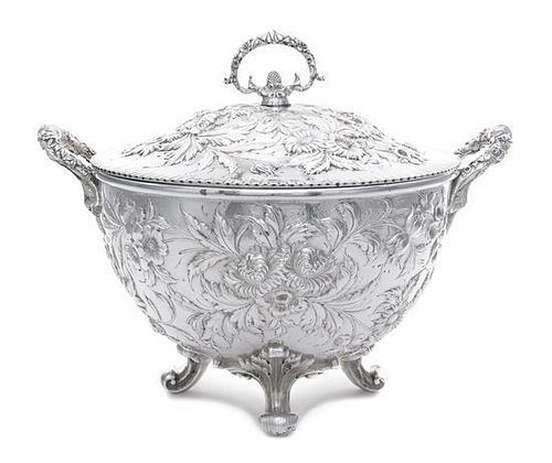 An American Silver Tureen, S. Kirk & Son Co., Baltimore, MD, Late 19th/Early 20th Century, having floral and foliate repousse de