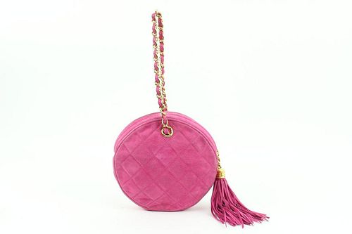 CHANEL HOT PINK QUILTED SUEDE FRINGE TASSEL ROUND CLUTCH ON CHAIN