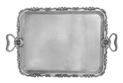 An American Silver Two-Handled Serving Tray, Gorham Mfg. Co., Providence, RI, 1910, having a floral festoon, rocaille and mask d