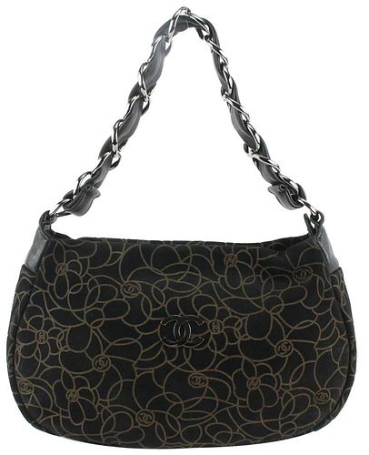 CHANEL BLACK X BROWN SUEDE CAMELLIA CHAIN HOBO BAG