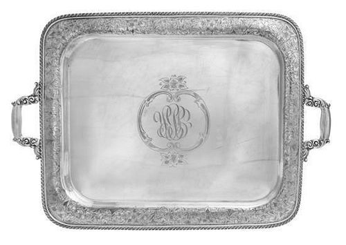 An American Silver Two-Handled Tray, Manchester Silver Co., Providence, RI, having a floral and foliate engraved border and a ga