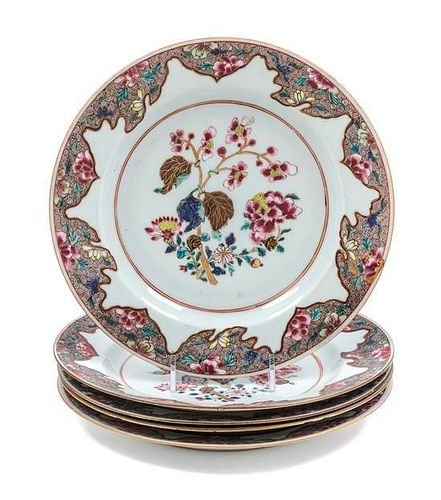 * Five Chinese Export Famille Rose Porcelain Plates Diameter 9 inches.