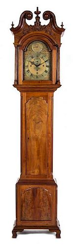 An American Mahogany Tall Case Clock Height 96 1/8 x width 20 3/8 x depth 11 inches.